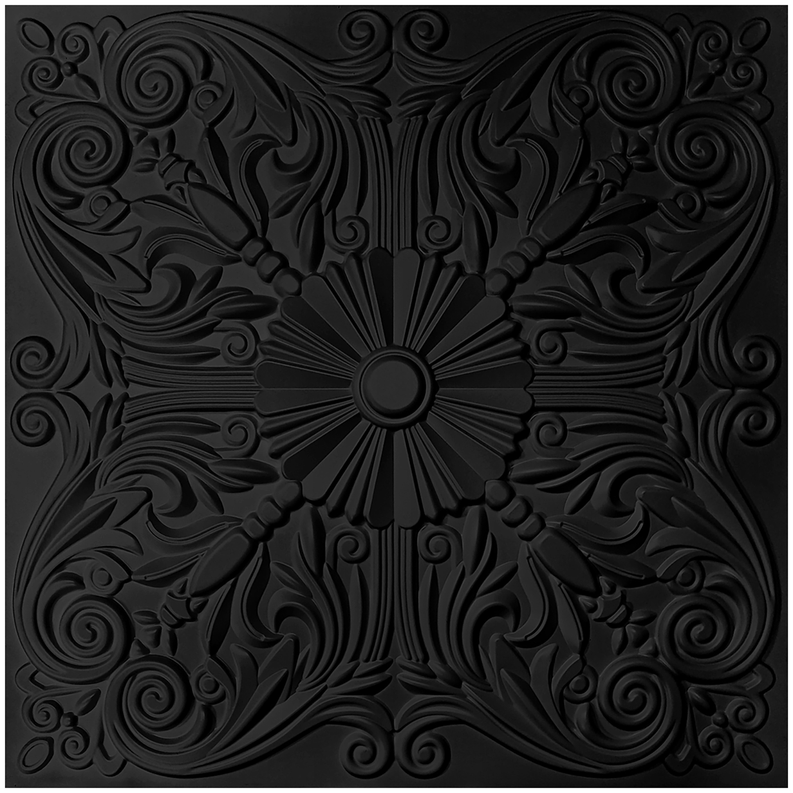 A10904BK12 -Decorative Ceiling Tile 2x2 Glue up, Lay in Ceiling Tile 24x24 pack of 12pcs Spanish Floral in Matt Black